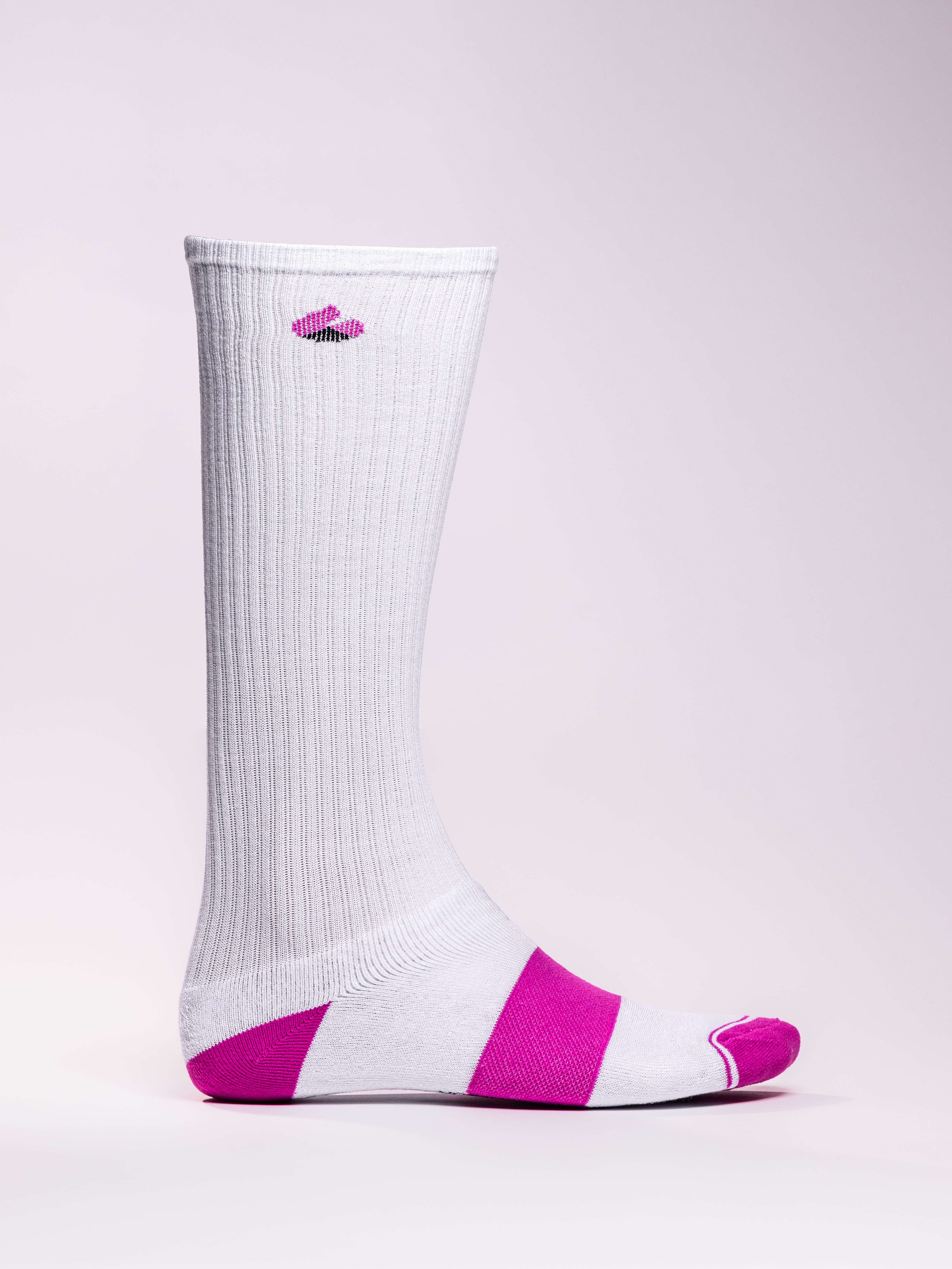 White and pink compression socks with advanced moisture-wicking, arch support, seamless toe design, and eco-friendly materials.