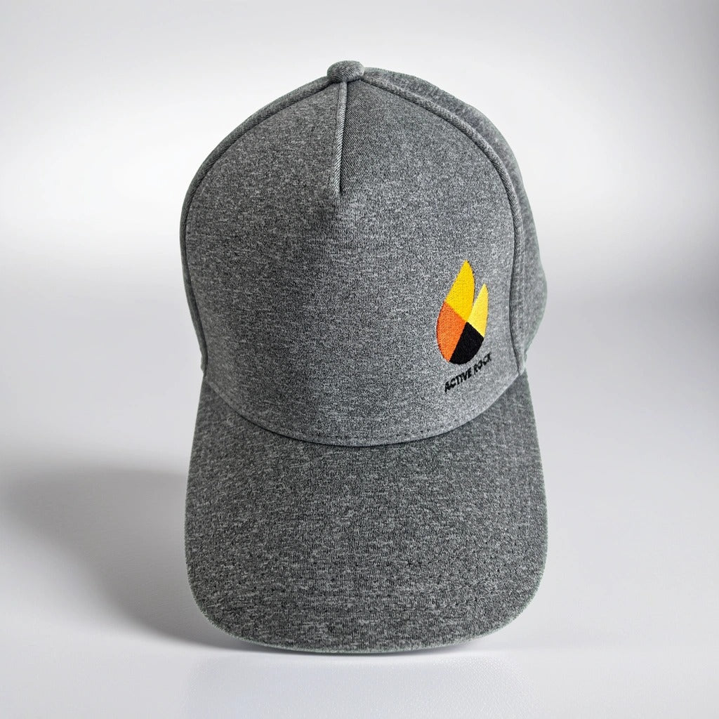 Grey Active Rock Cap with adjustable strap and logo, made of breathable material.